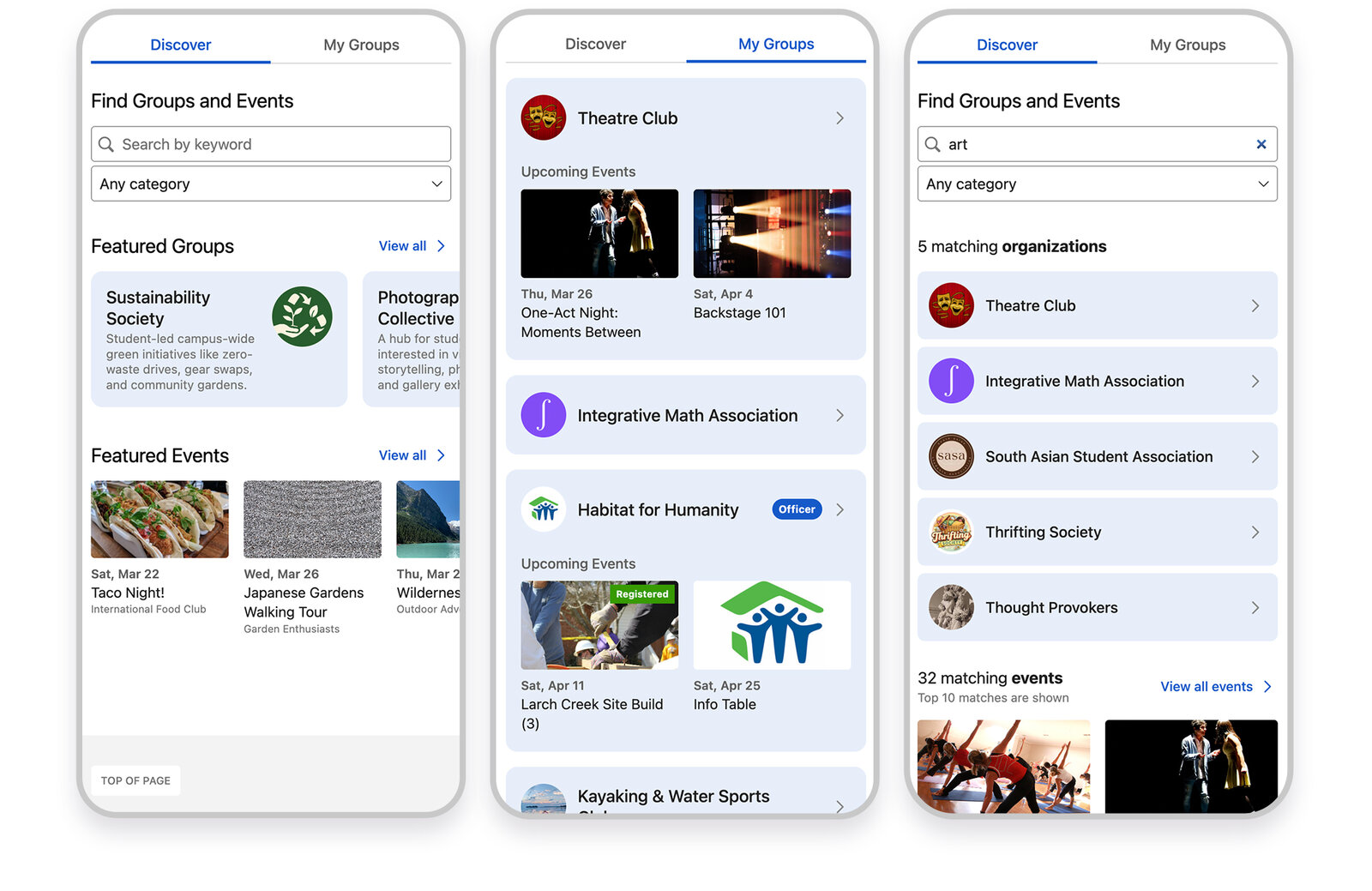 Student Community Engagement — mobile screens for browsing groups and events, My Groups, and keyword search results