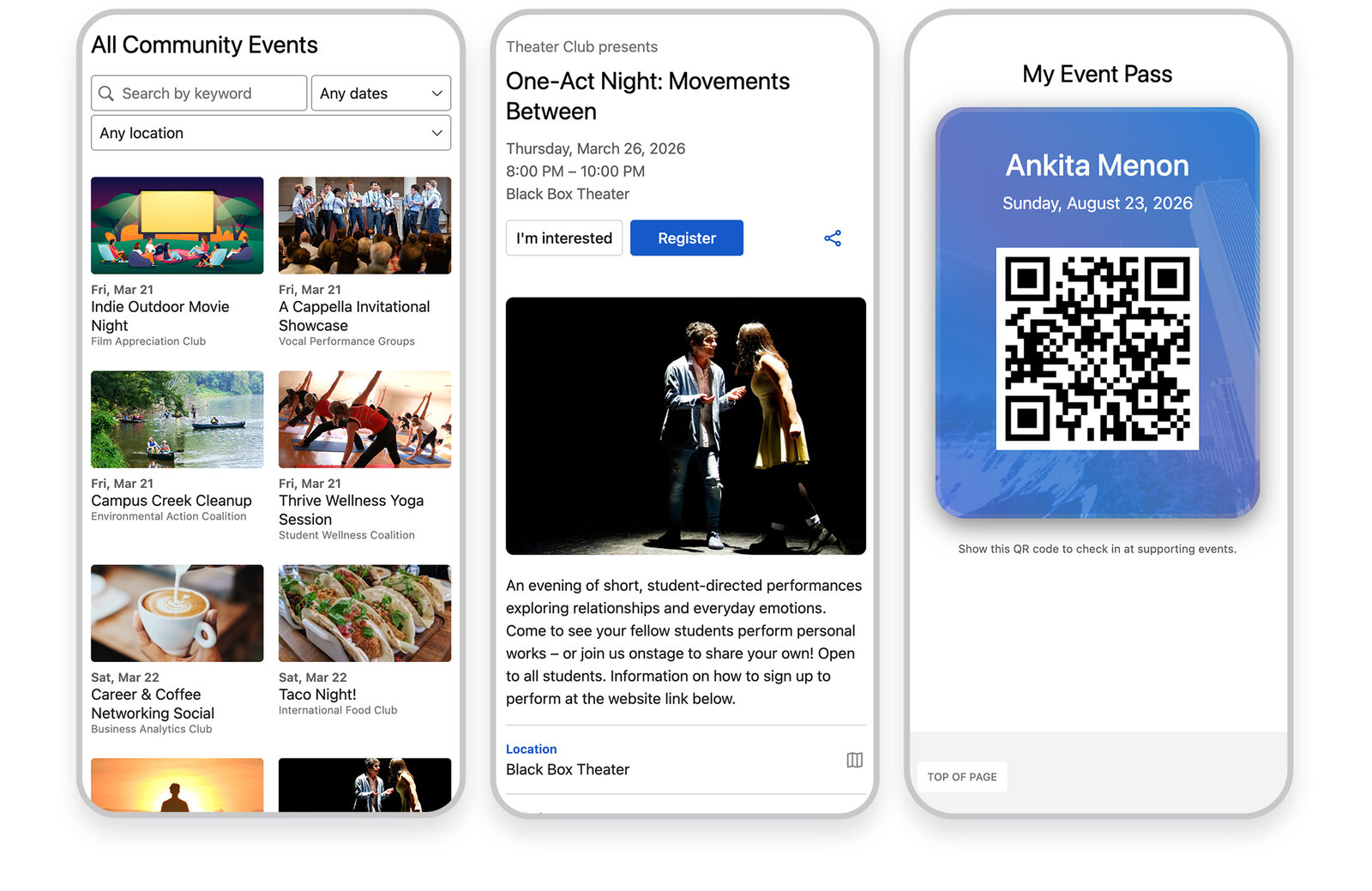 Three mobile screens: a browsable community events list, an event detail page with a Register button, and a digital event pass with QR check-in code