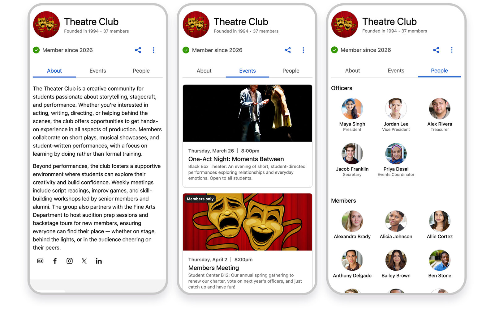 A group profile's About, Events, and People tabs for the Theatre Club, showing its description, upcoming events, and officer and member roster