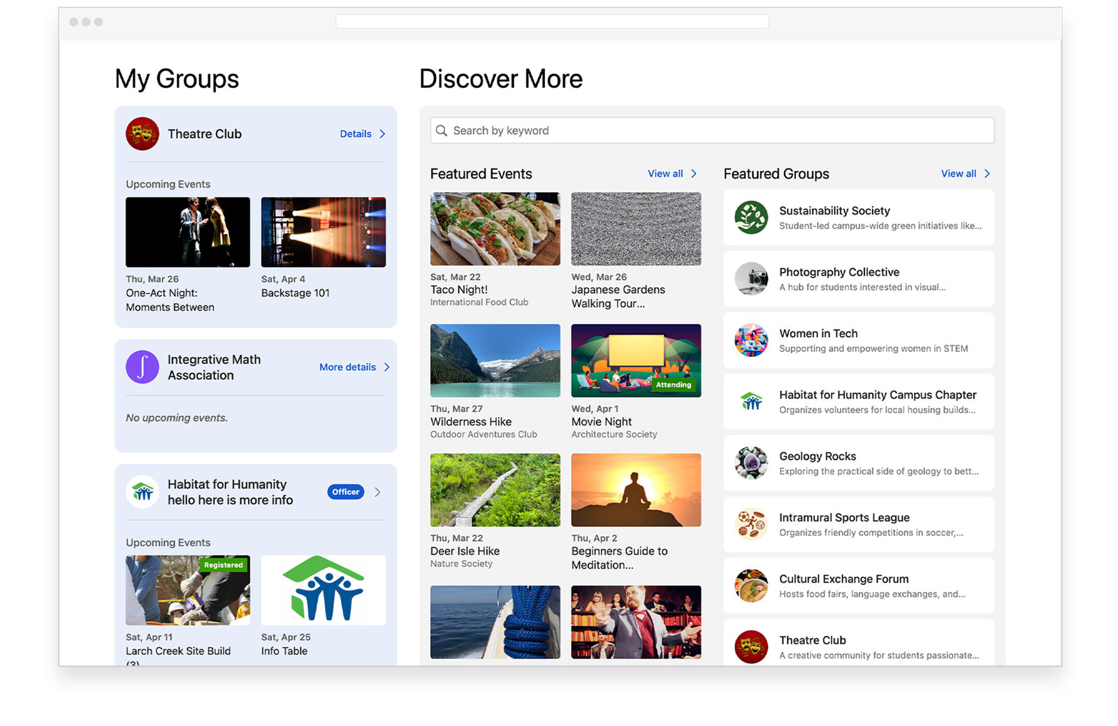Desktop view of My Groups alongside a Discover More panel of featured events and groups