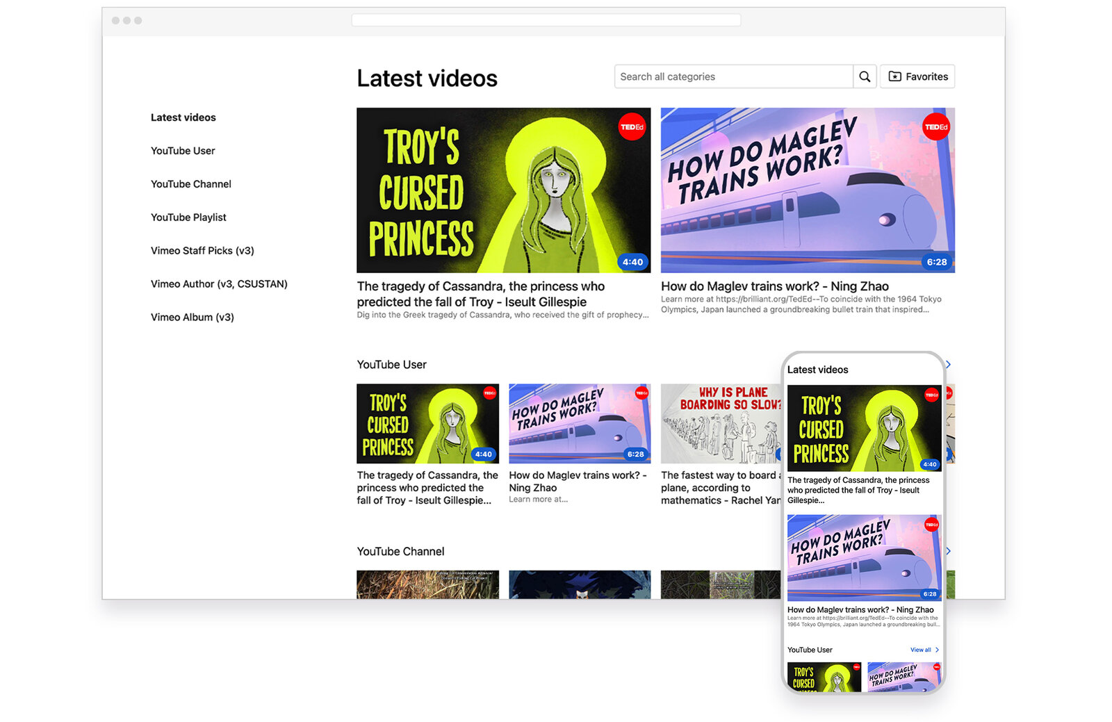 The legacy Videos module, showing TED-Ed clips in a flat vertical list on desktop and mobile with little visual hierarchy between sources.