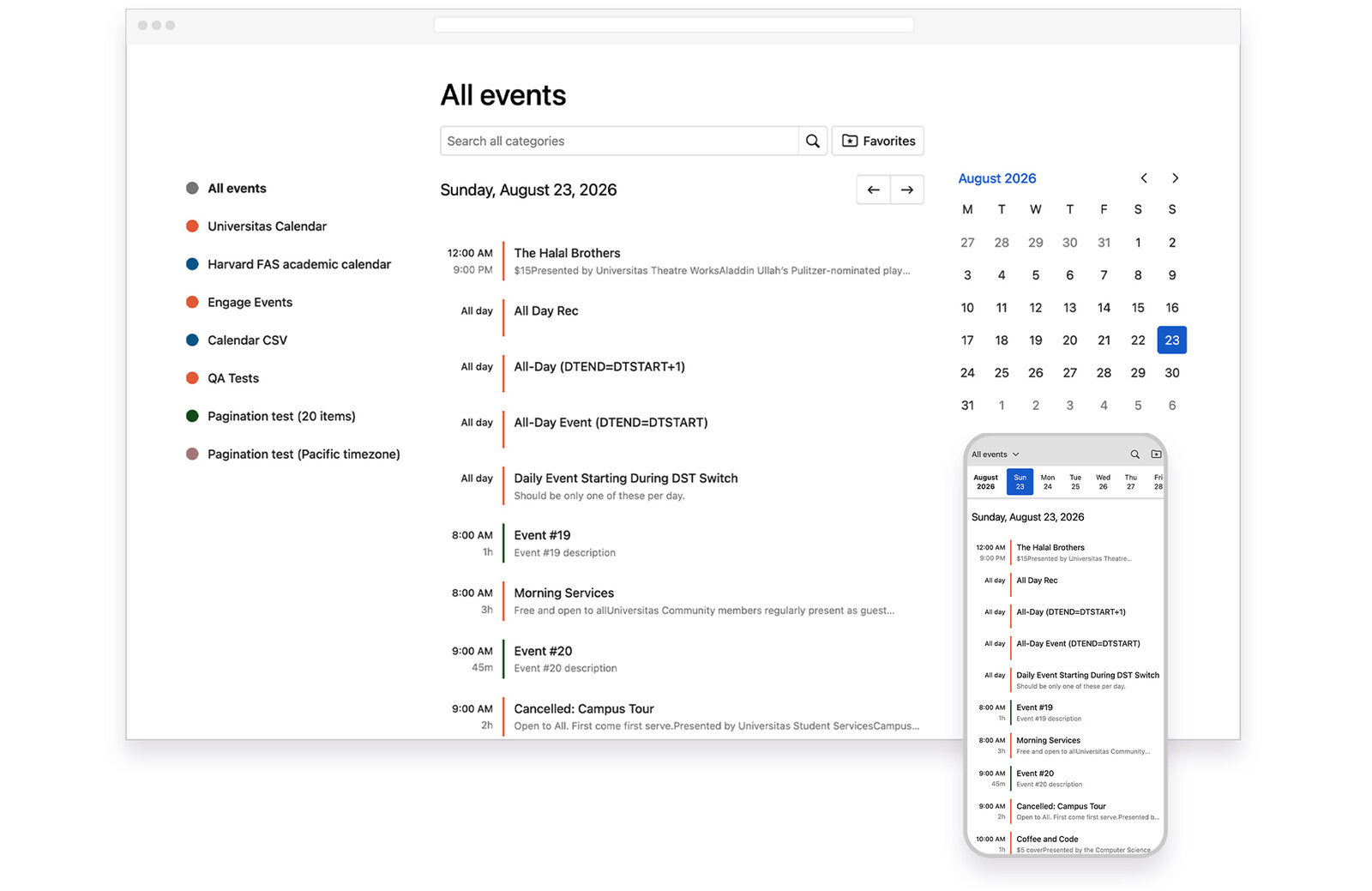 The legacy Calendar module's 'All events' view, pairing a plain scrolling event list with a small monthly calendar widget.