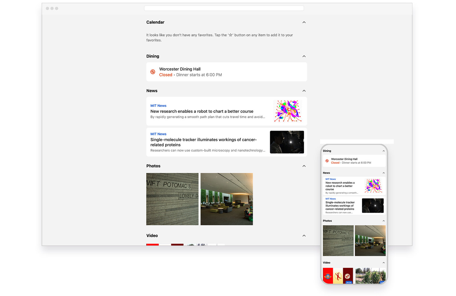 The original Favorites screen, with saved items split into separate Calendar, Dining, News, Photos, and Video sections instead of one unified view.