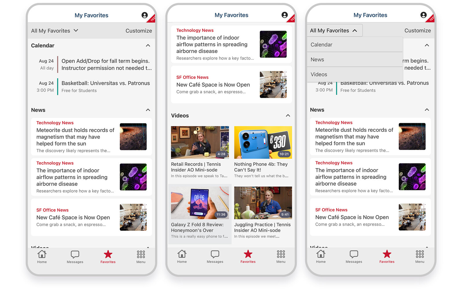 The redesigned Favorites Hub, consolidating saved Calendar and News items into a single customizable 'My Favorites' screen, shown across desktop and two mobile states.