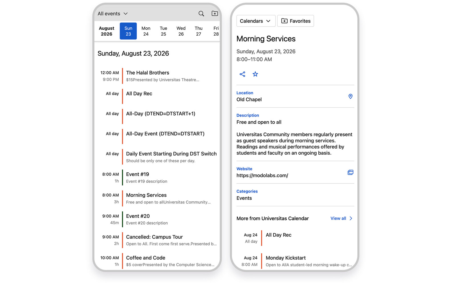 The redesigned Universitas Calendar, with a colour-coded sidebar of calendar sources, a daily event list, and a persistent mini calendar for jumping between dates.