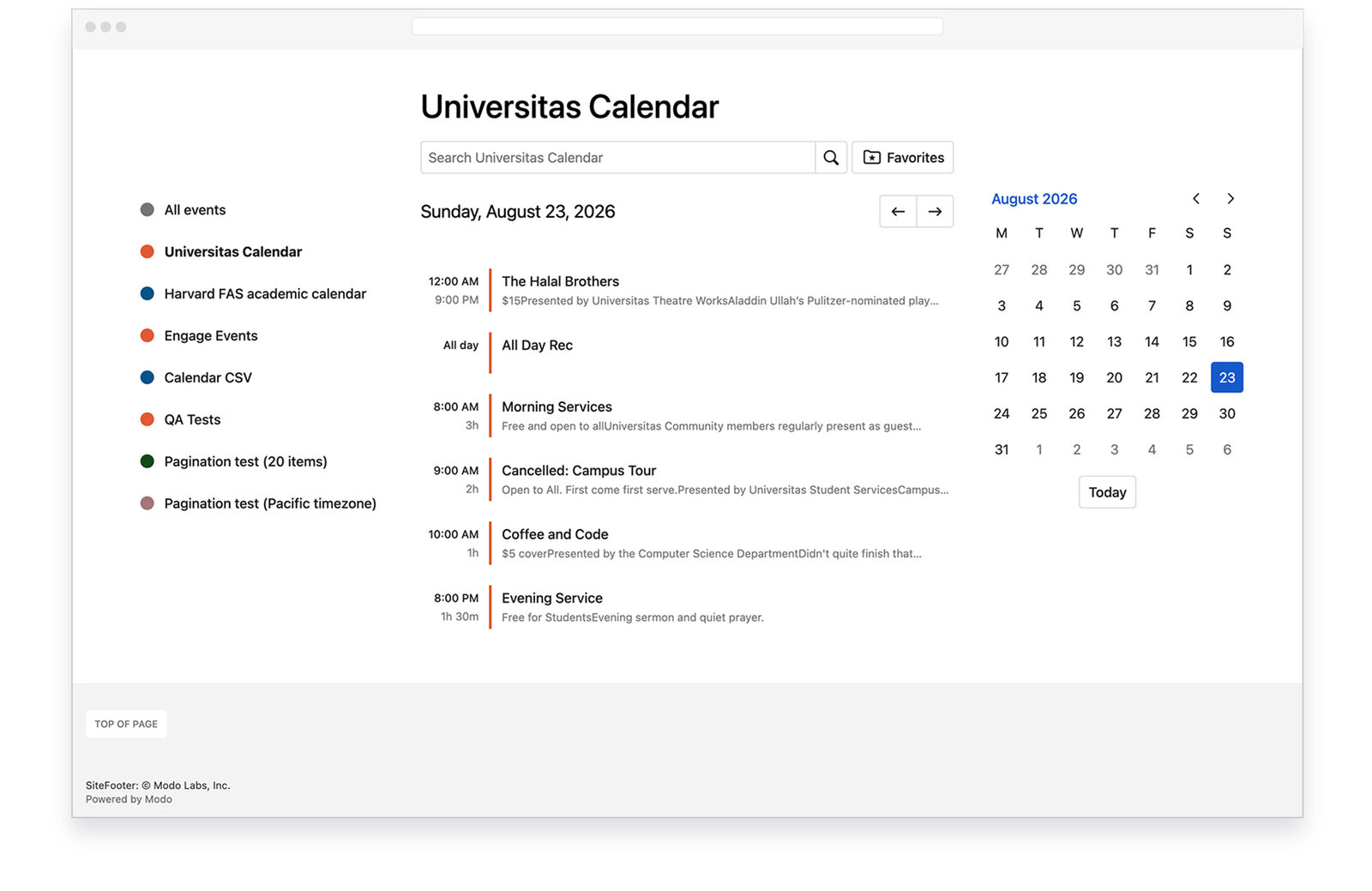 An individual calendar event's detail view on mobile, showing location, description, and a list of related upcoming events from the same calendar.