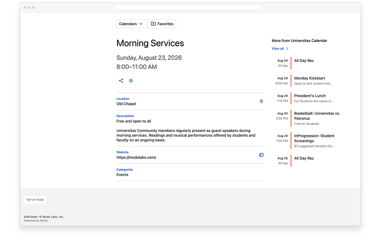 The redesigned Calendar module's day view on desktop, listing the day's events beside a monthly mini calendar and a 'Today' jump button.