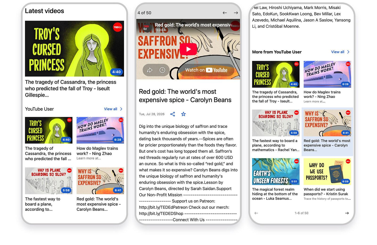 The redesigned Videos module on mobile, organized into horizontal-scrolling rows by source such as 'YouTube User' and 'YouTube Channel.'