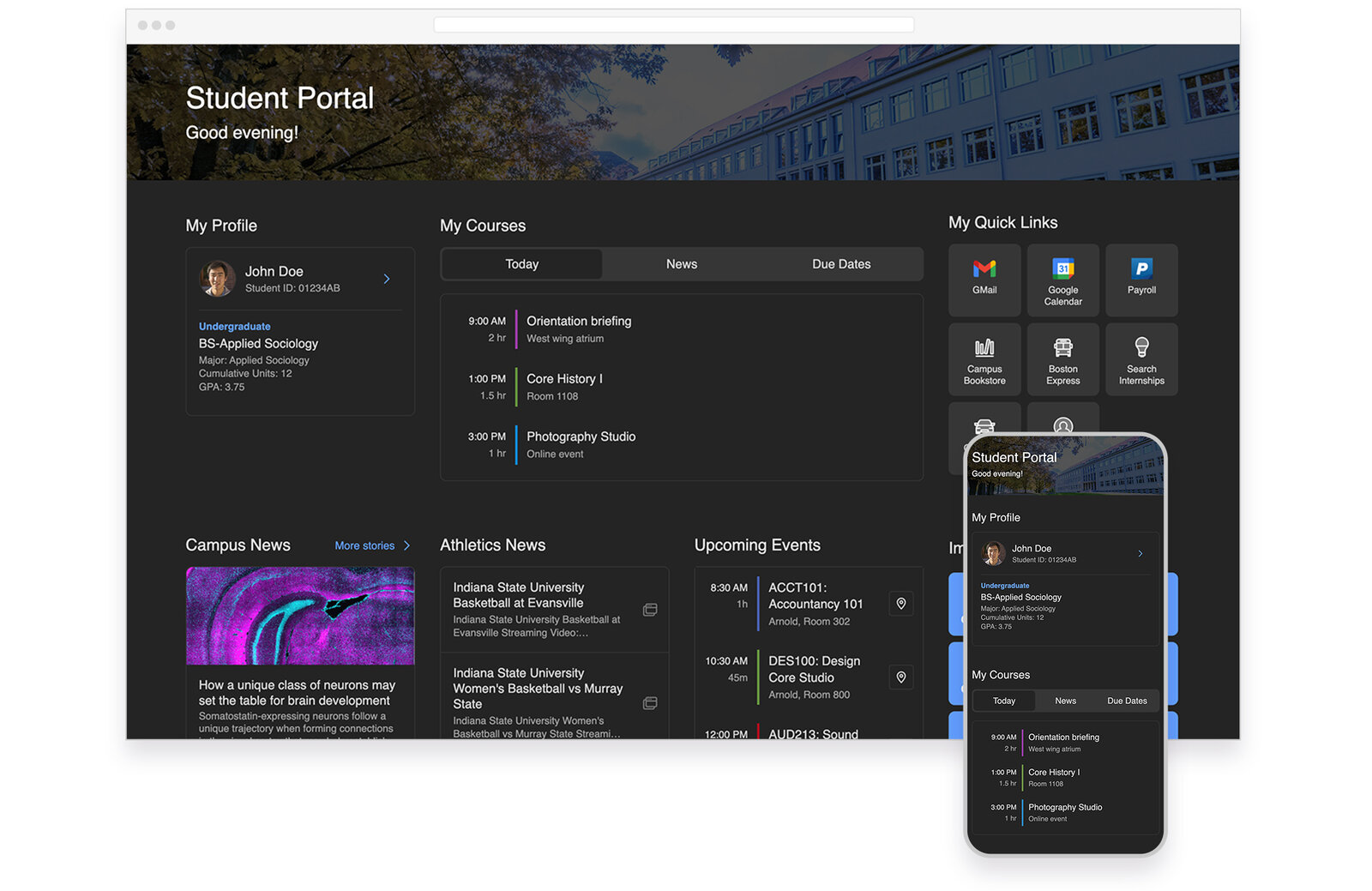 Application Dark Mode — the Modo Student Portal rendered in dark mode on desktop and mobile