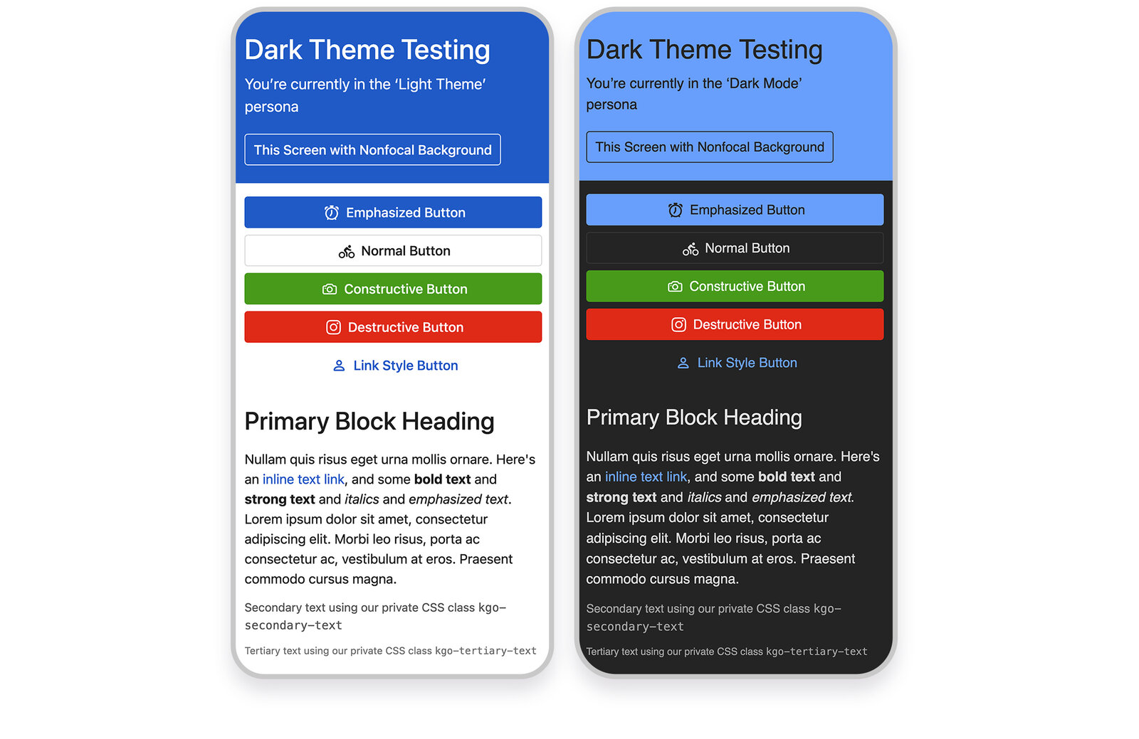 Side-by-side mobile screens comparing a testing persona's light theme and dark mode, showing button styles, list items, and headings in each.