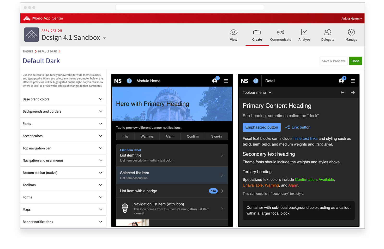 The Modo App Center theme editor open on a custom dark theme, with Module Home and Detail screen previews updating live as settings are adjusted.
