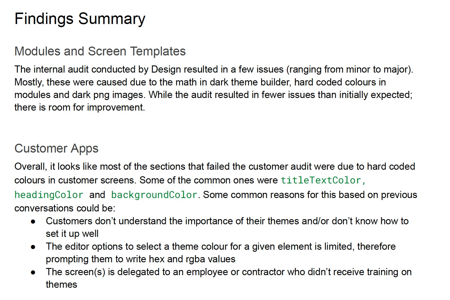 Findings summary document outlining accessibility audit results for Modo's modules, screen templates, and customer apps, with hardcoded colours flagged as the main source of failures.