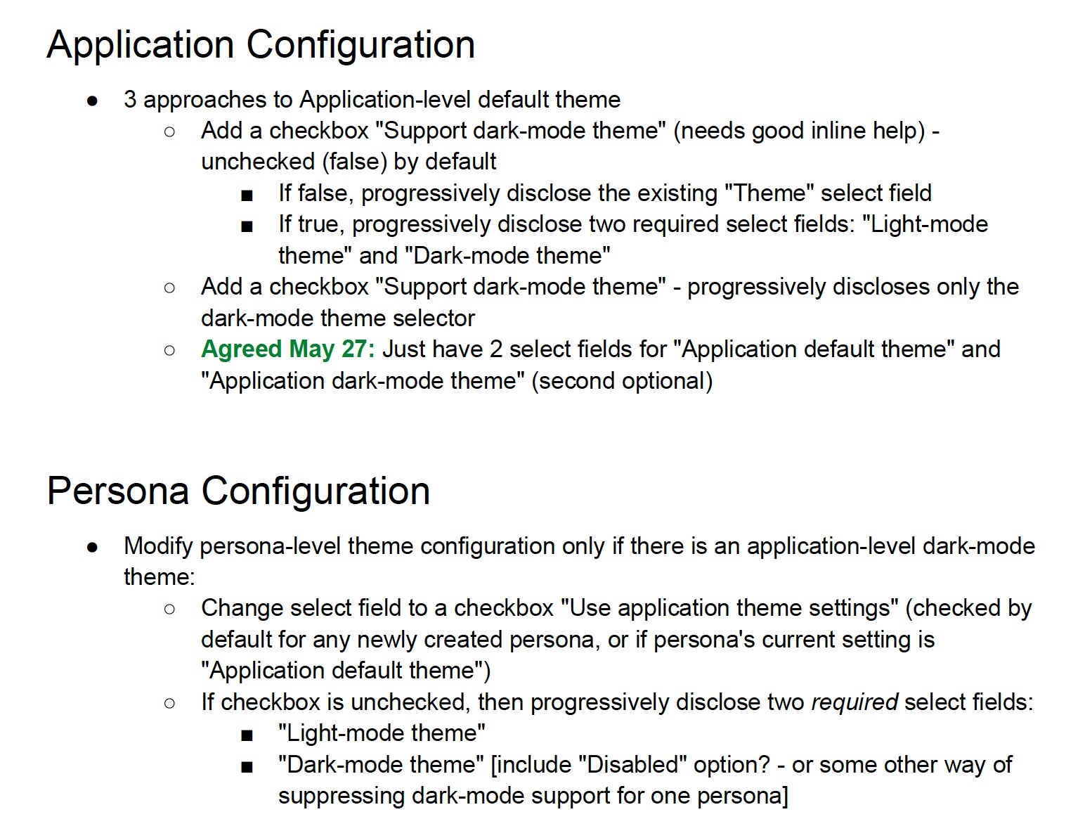 Notes weighing application- and persona-level theme configuration options, comparing checkbox and dropdown approaches for enabling a dark-mode theme.