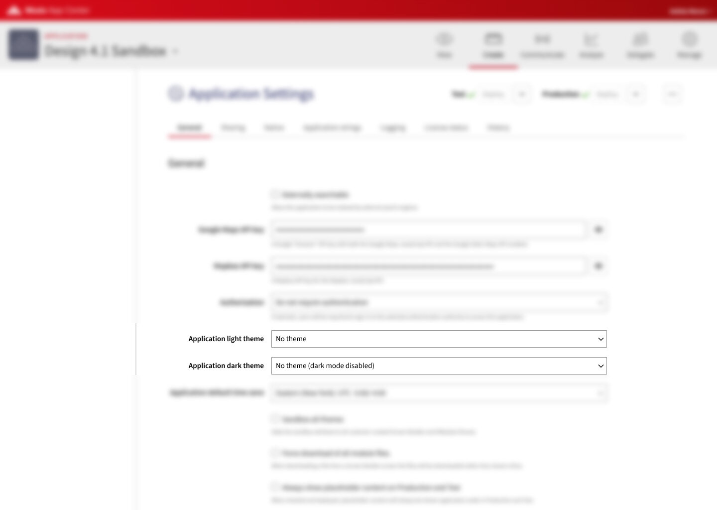 Application settings screen with the new 'Application dark theme' dropdown set to 'No theme (dark mode disabled)'.