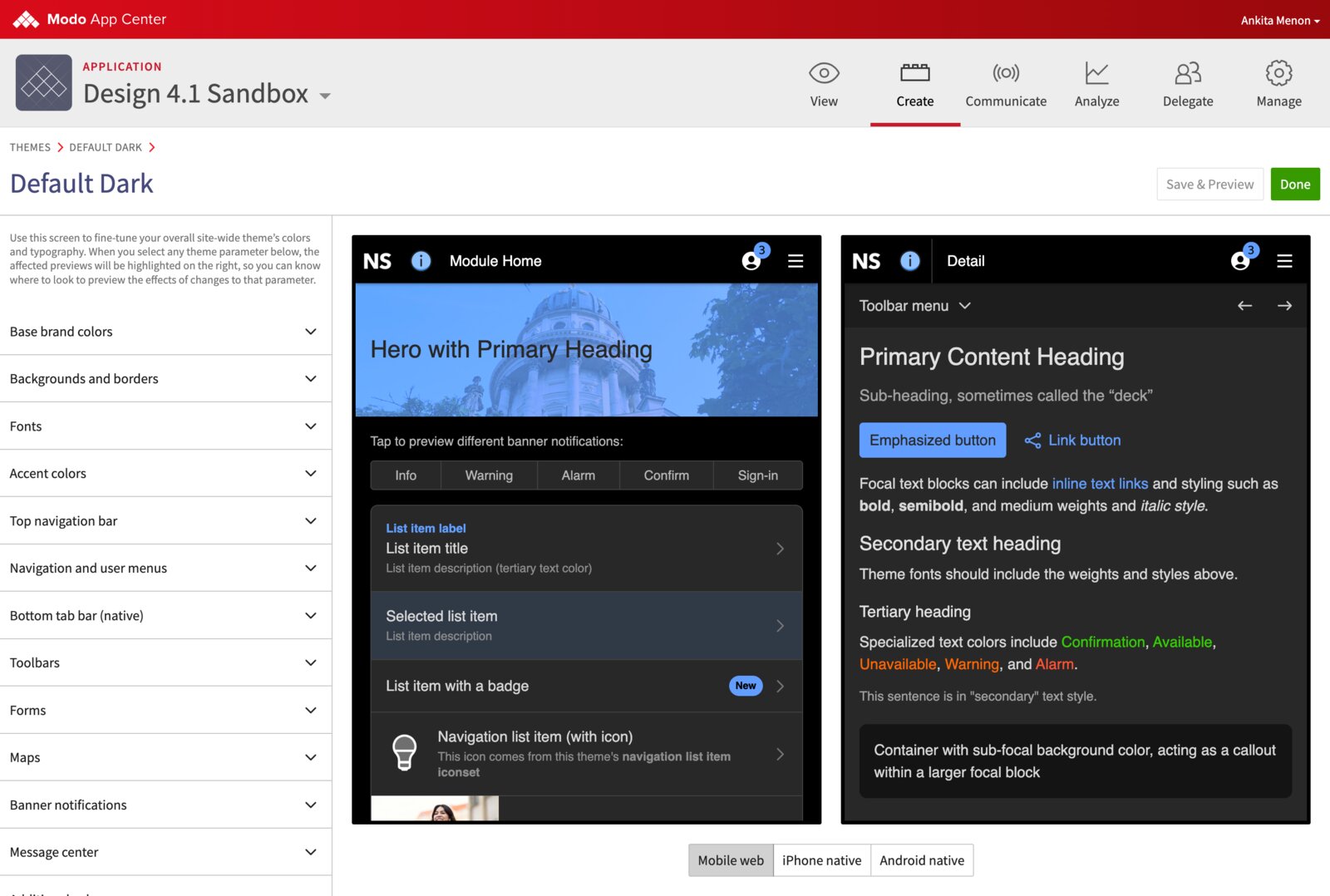 The Modo App Center's 'Default Dark' theme editor, showing the full settings sidebar alongside live Module Home and Detail screen previews.