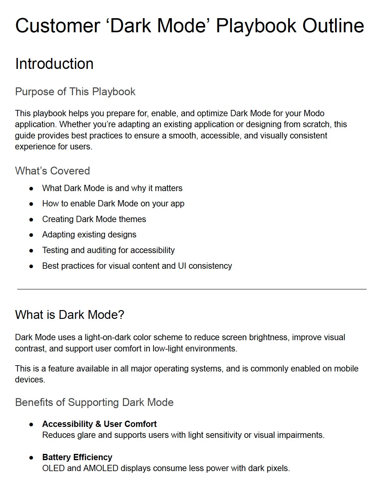 Title page of the customer dark mode playbook, introducing its purpose and listing what the guide covers.