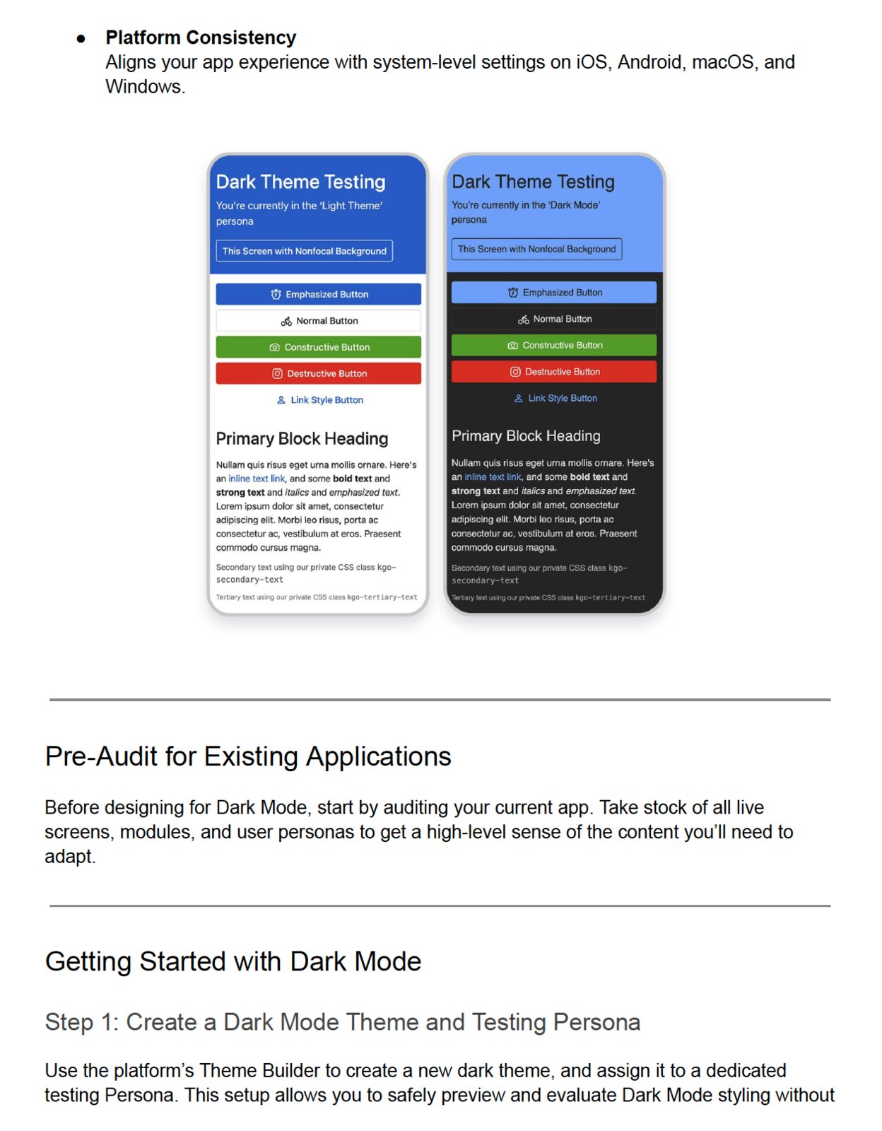 Playbook page on platform consistency, showing side-by-side light and dark theme mockups of the same screen for dark-theme testing.