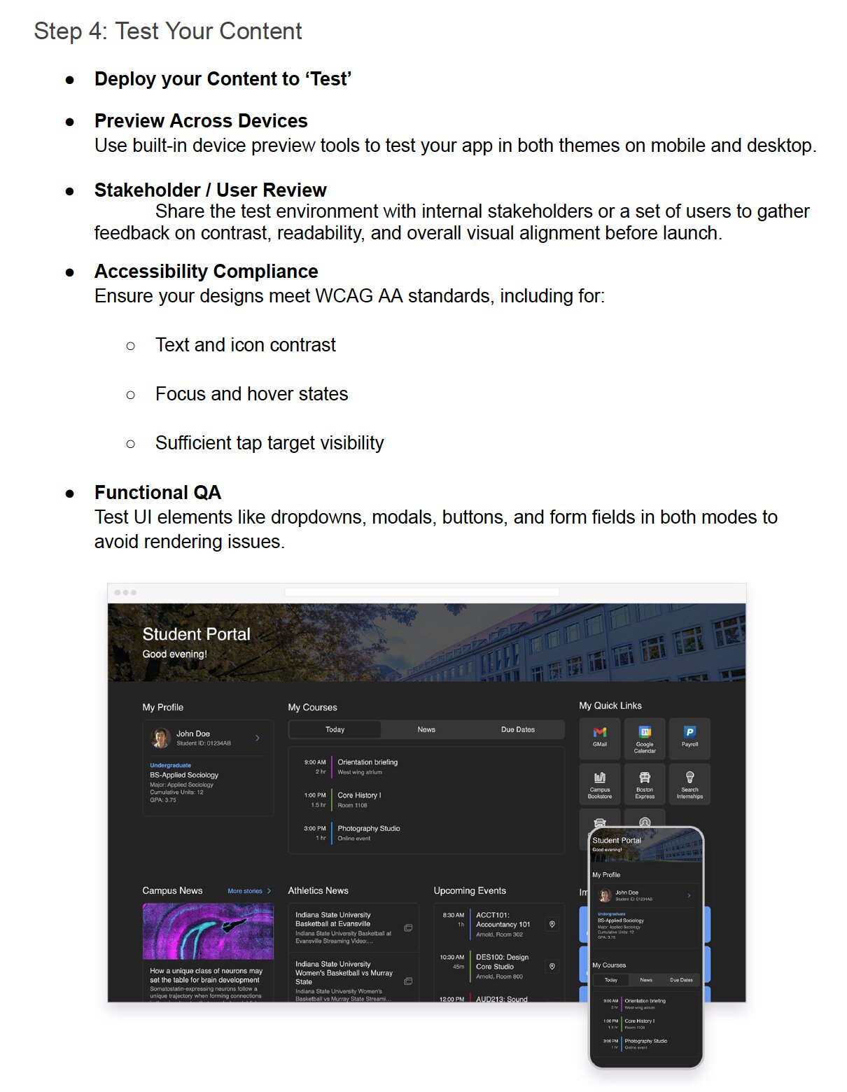 Playbook's 'Step 4: Test Your Content' checklist alongside a dark-themed Student Portal screenshot used as a QA reference.