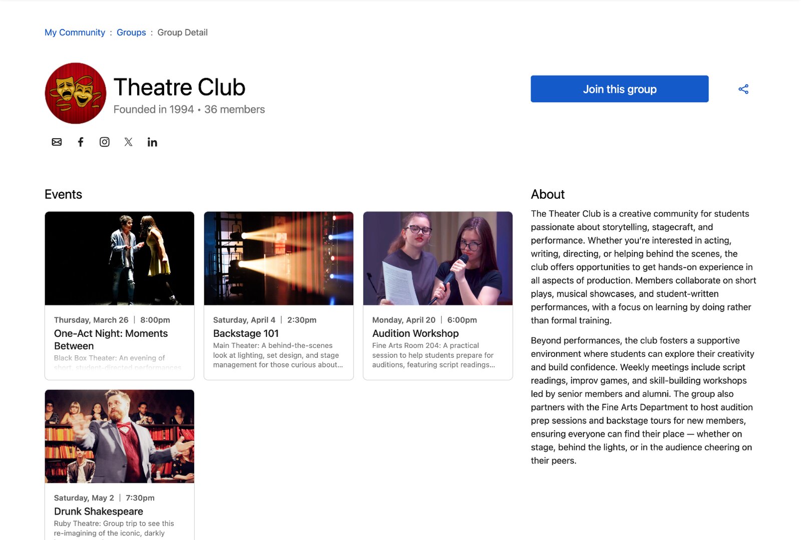 Desktop Theatre Club group page with events and an About column