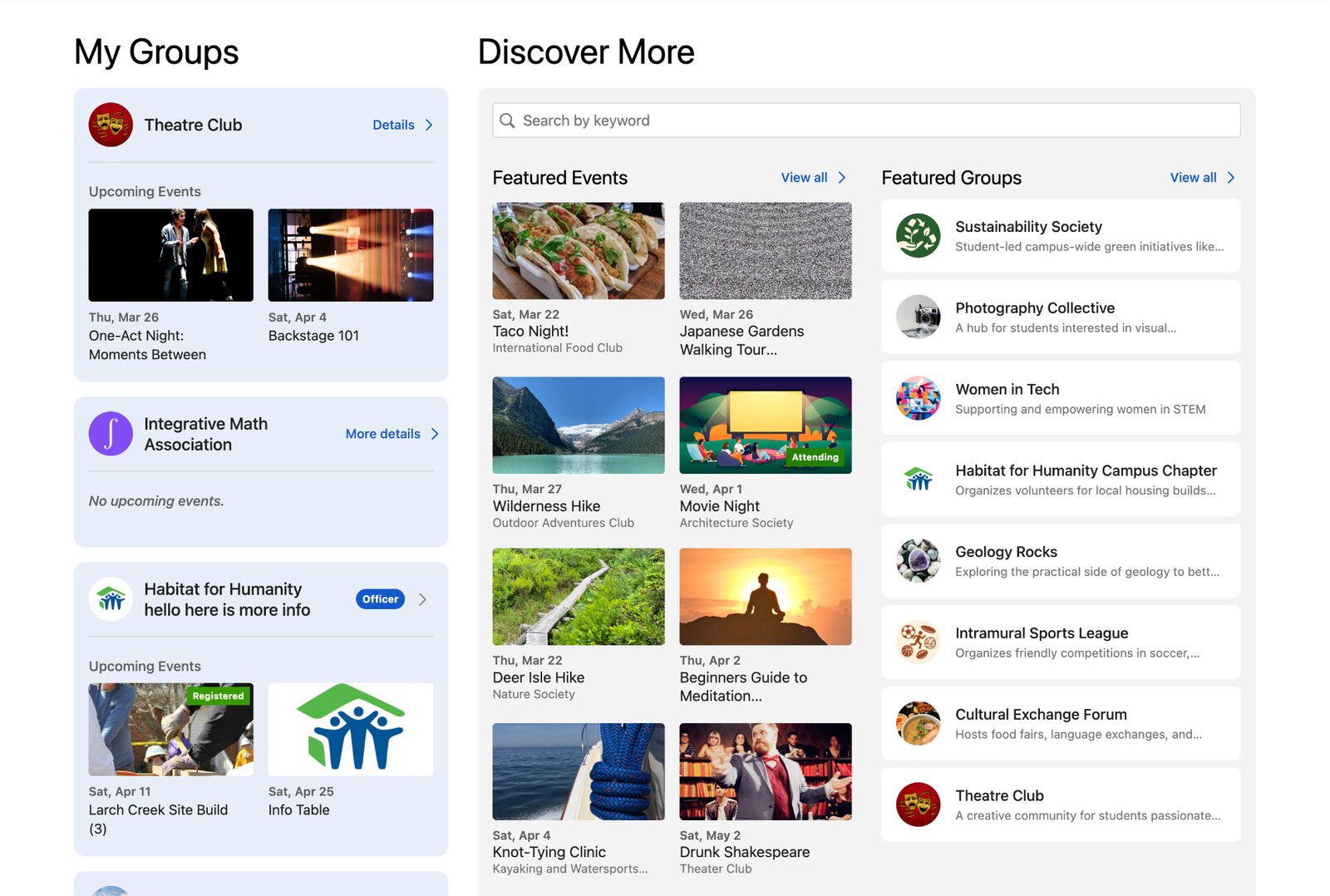 Desktop My Community: My Groups in a column on the left, Discover More with featured events and groups on the right