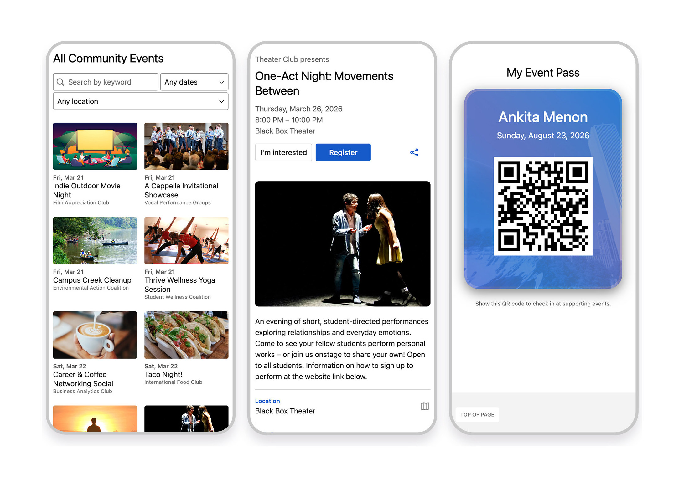 Three phone screens: All Community Events, the One-Act Night event page and My Event Pass