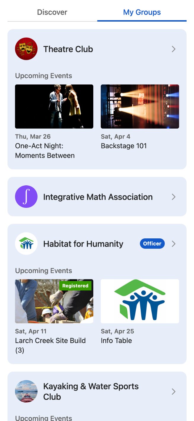 My Groups tab with each group’s upcoming events