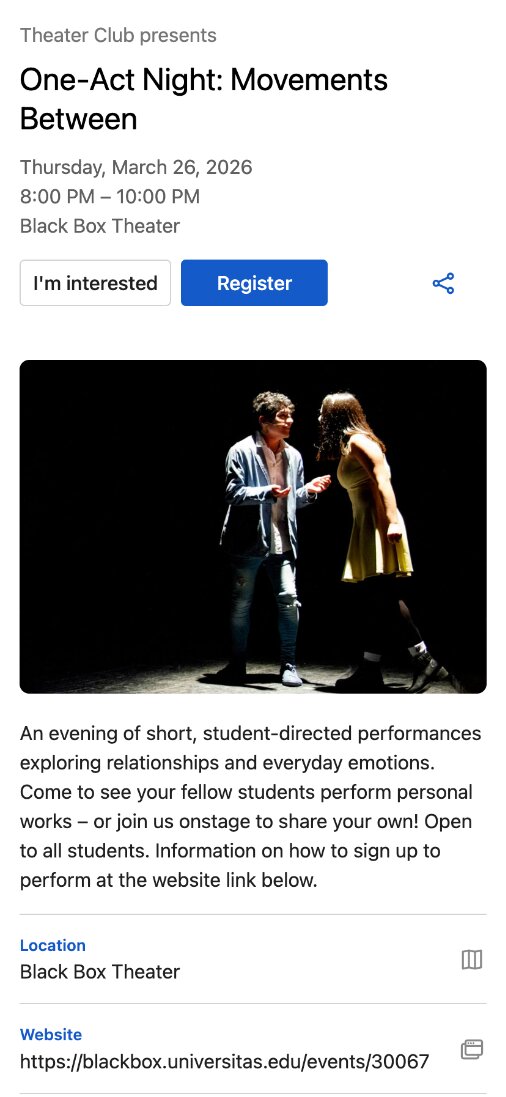 Event page for One-Act Night with I’m interested and Register