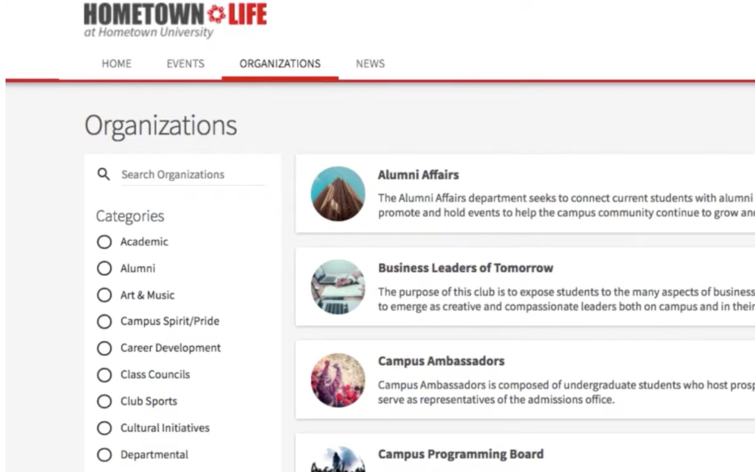 Anthology Engage Organizations page: search and category filters on the left, a list of campus organizations on the right