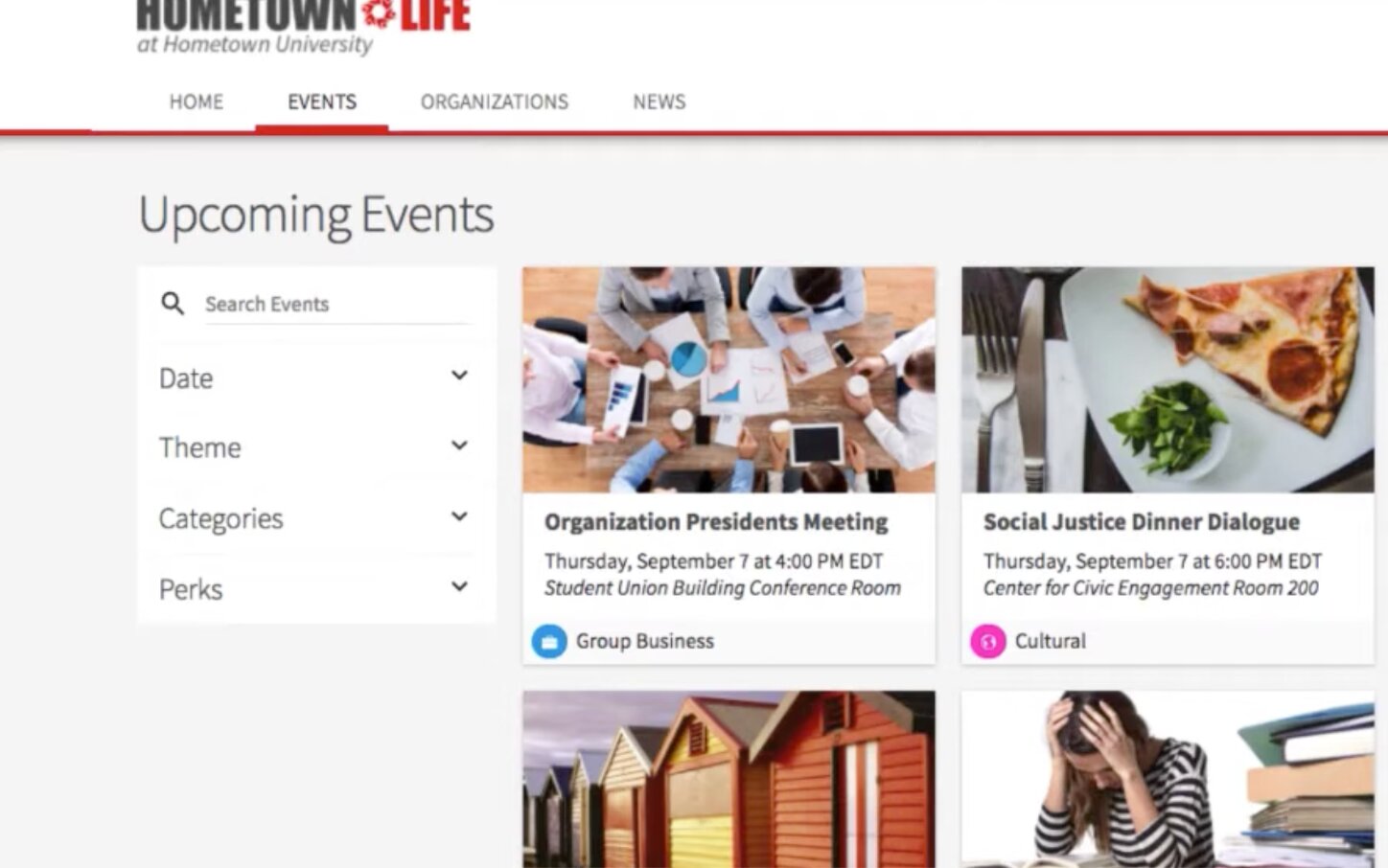 Anthology Engage Upcoming Events page: date, theme and category filters beside a grid of event cards