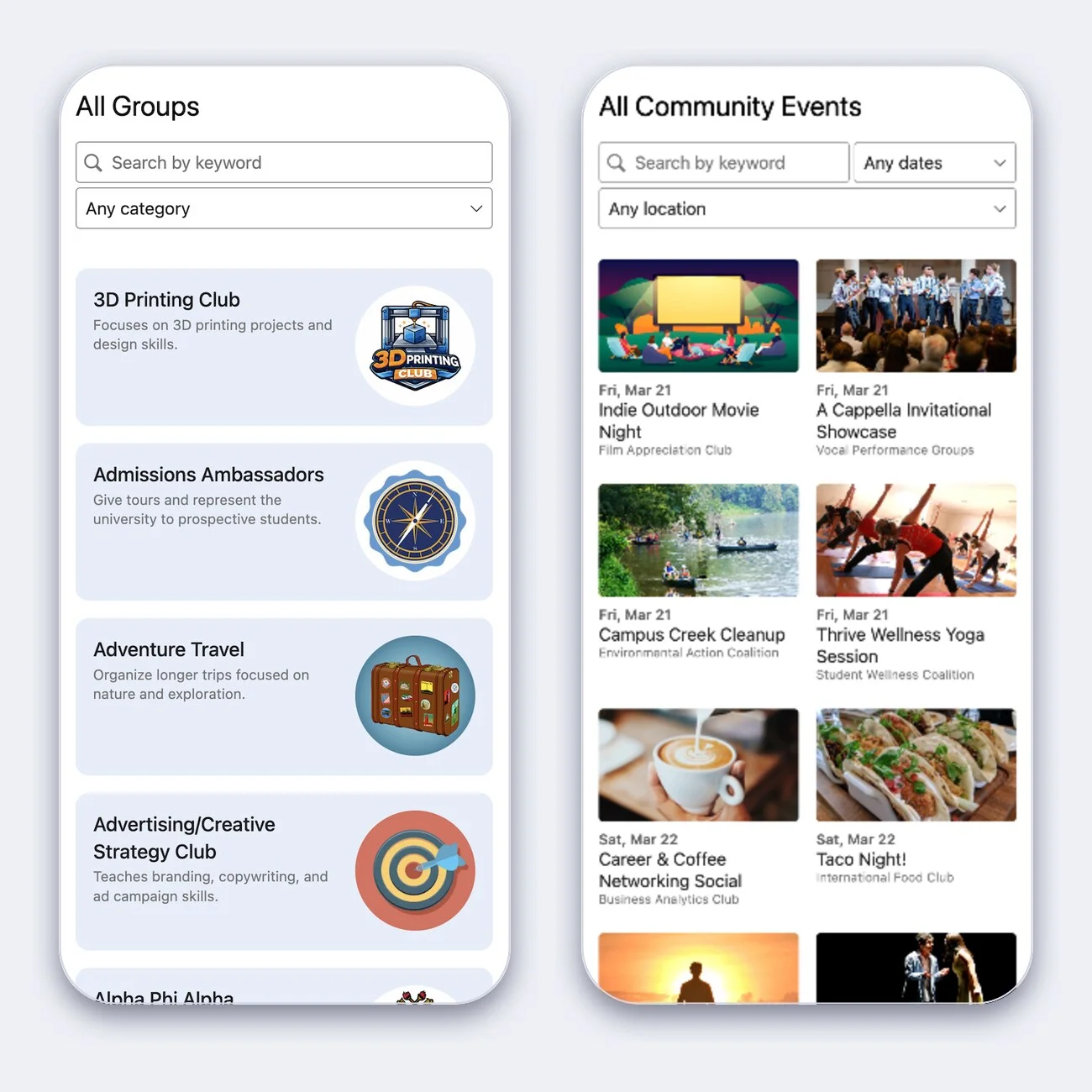 Lists vs cards to differentiate events and groups