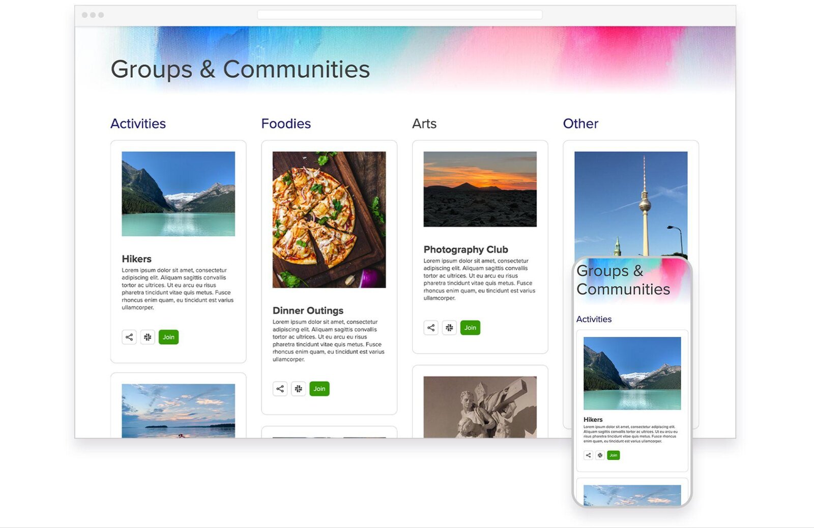 An earlier Groups & Communities concept: a desktop page of groups sorted into Activities, Foodies, Arts and Other, with a phone version beside it