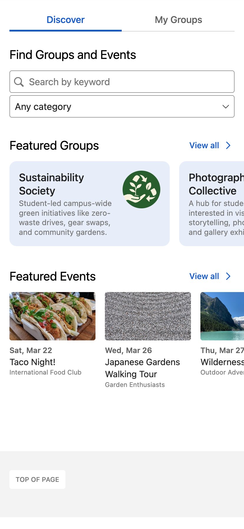Discover tab with search, featured groups and featured events