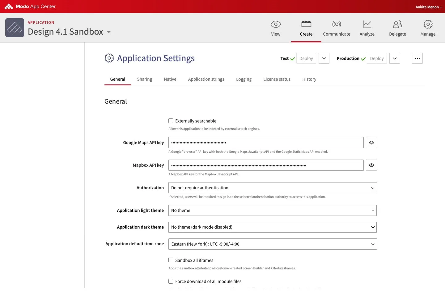 Application Settings in the admin: the Application dark theme field, set to No theme (dark mode disabled)
