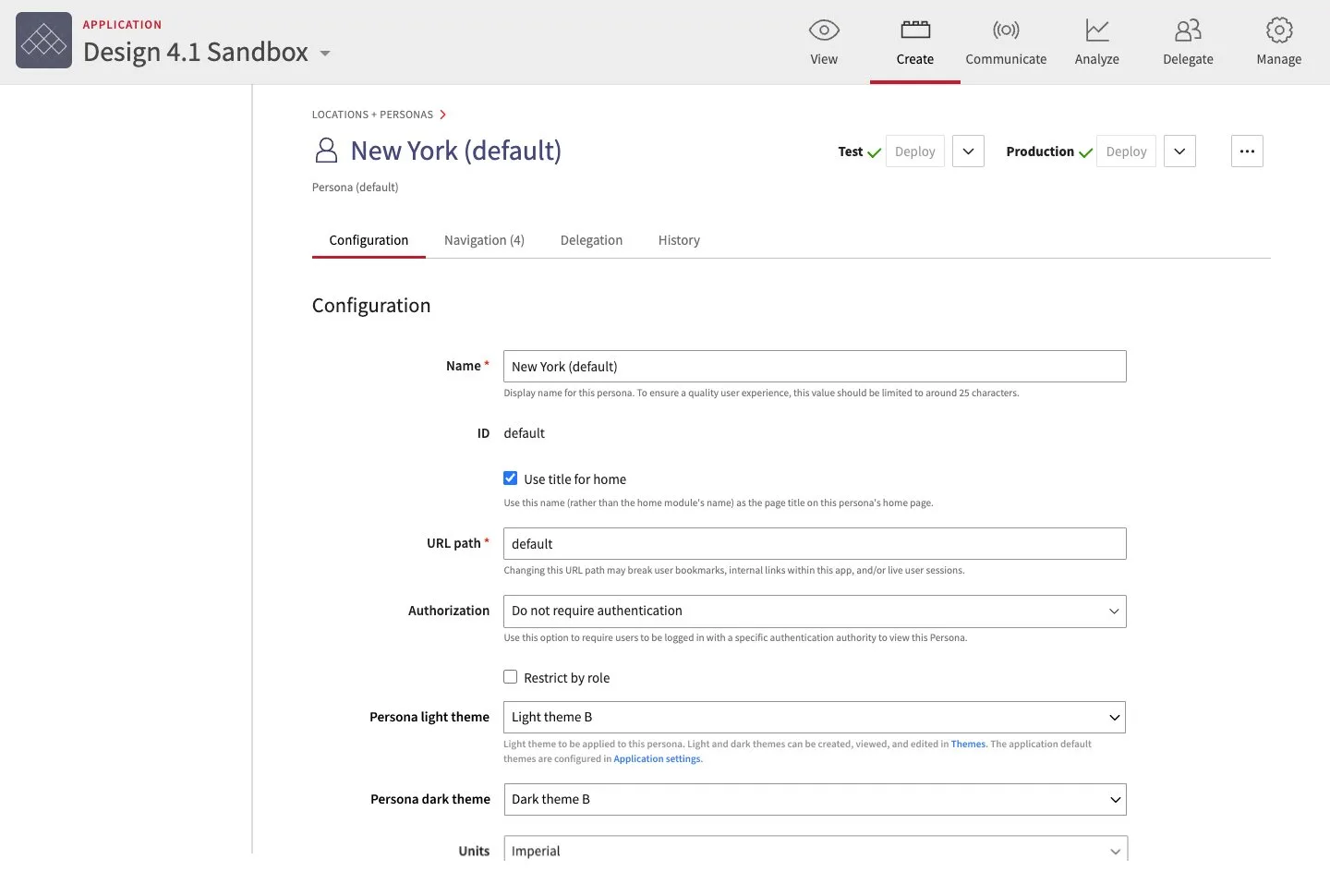 A persona's configuration in the admin, New York (default), with its own persona light theme and persona dark theme
