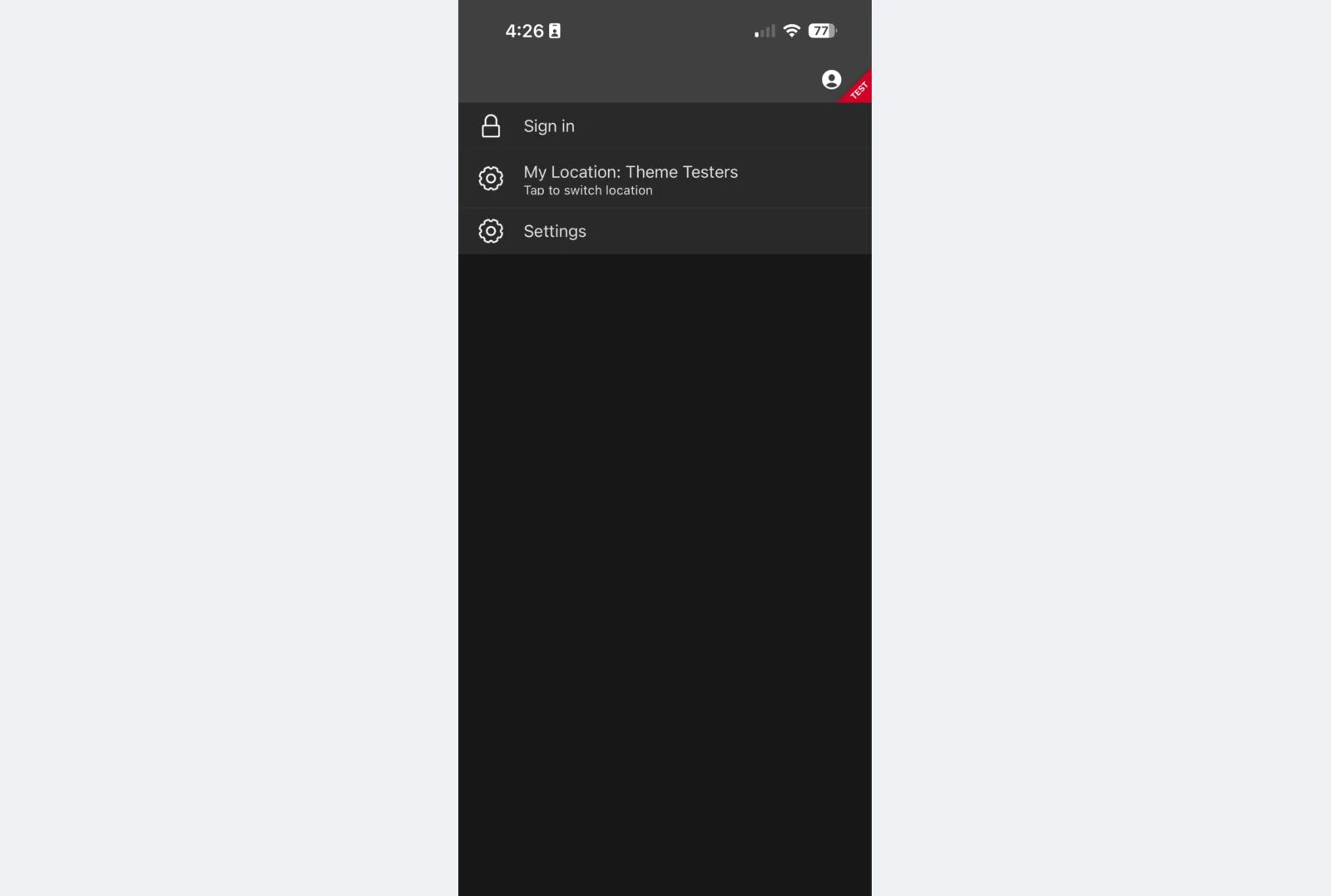 The native app's account menu on a phone, with Sign in, My Location and Settings