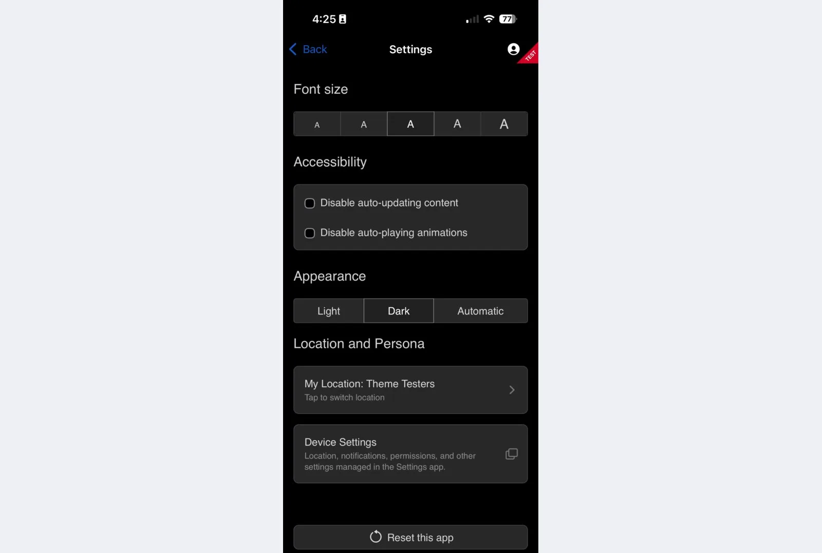 The native app's Settings screen in dark mode, with Appearance set to Dark beside Light and Automatic