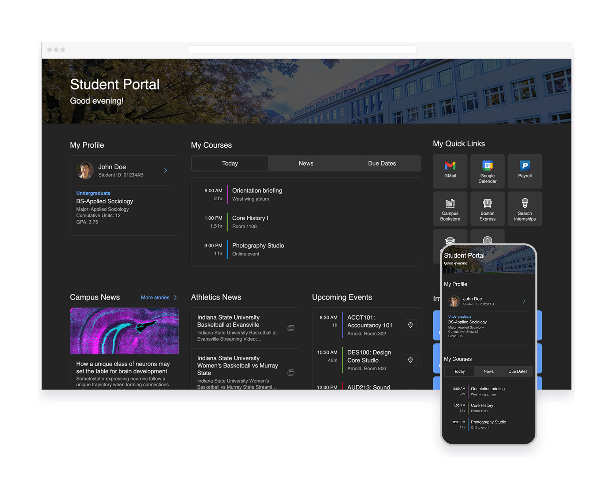 Student Portal in dark mode on desktop and phone