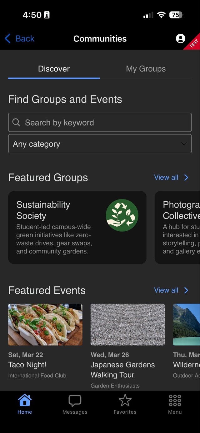 A Communities screen in dark mode: search, featured groups and featured events
