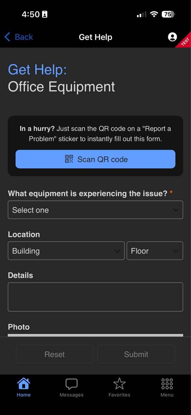 A Get Help form for office equipment in dark mode, with a Scan QR code button