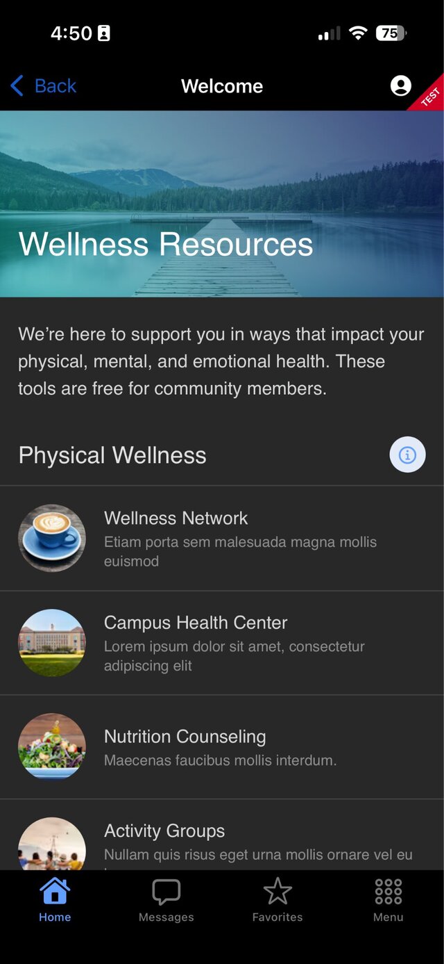 A Welcome screen in dark mode: Wellness Resources and a Physical Wellness list