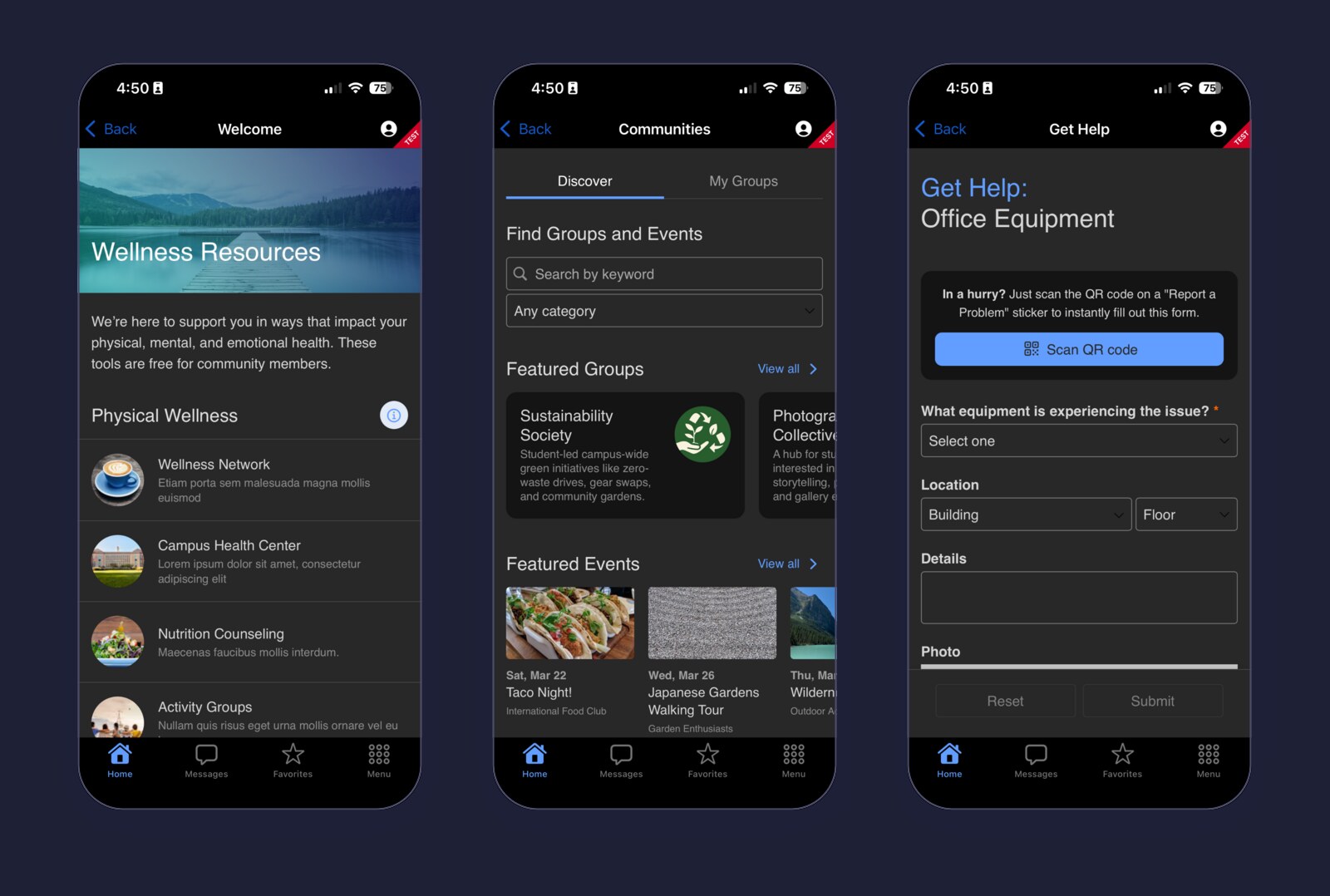Dark mode phone screens: Wellness Resources, Communities and Get Help