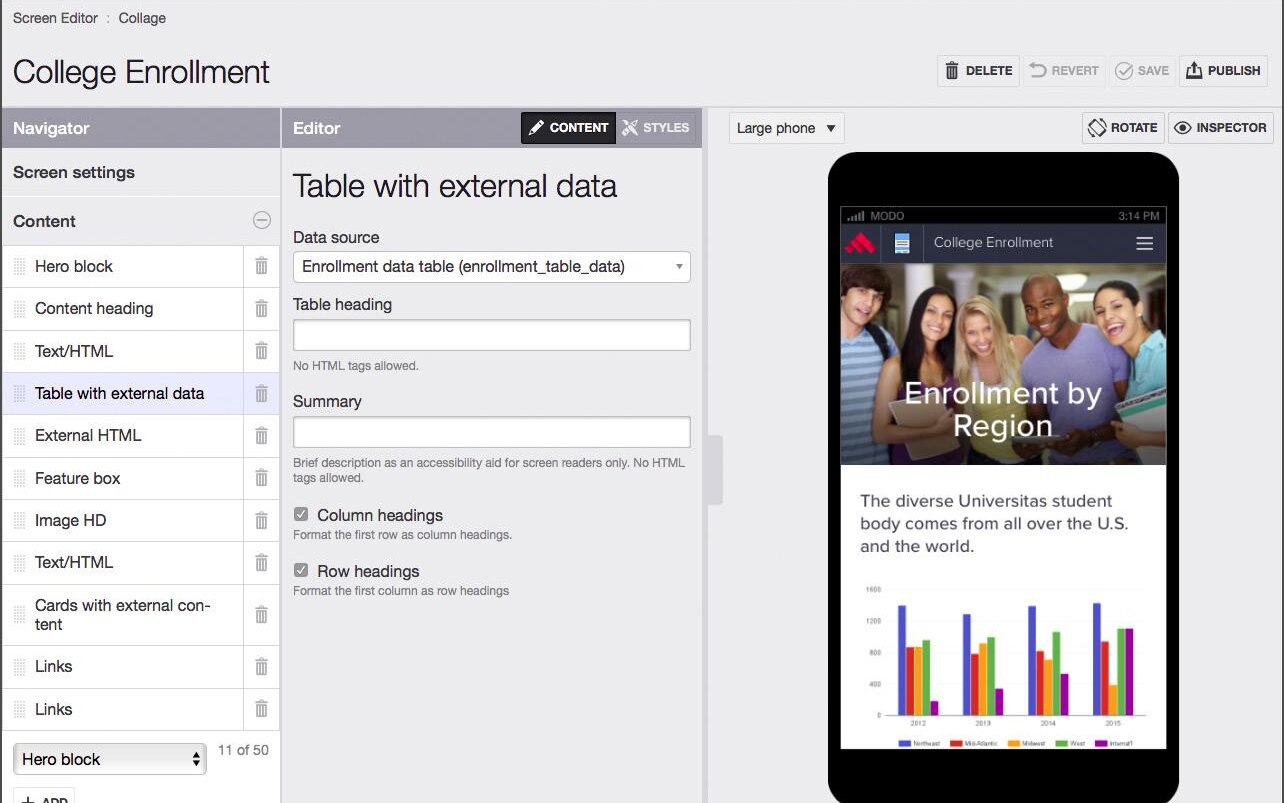 The old screen editor: a navigator list, a long settings form and a phone preview of a College Enrollment screen