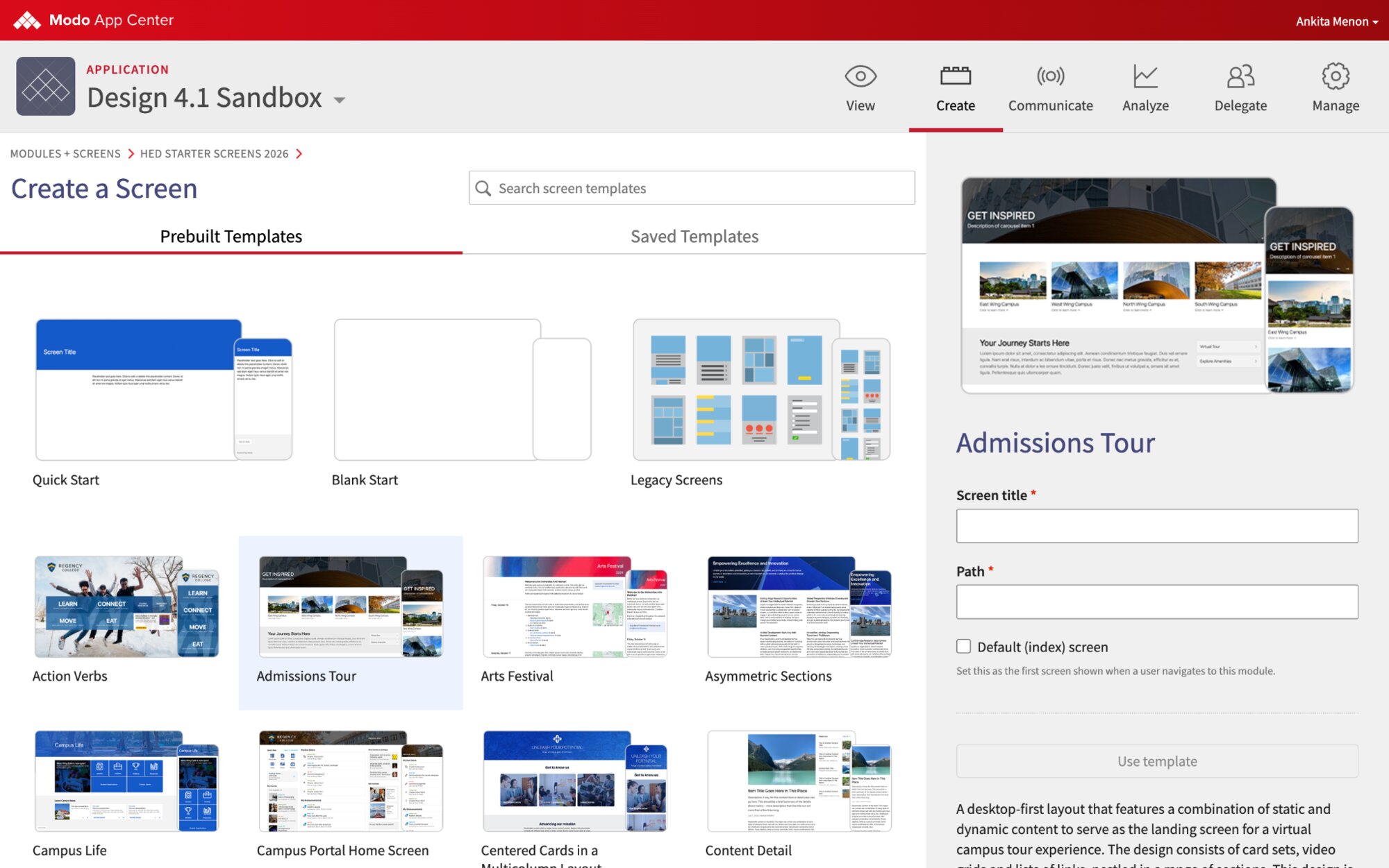 Screen Builder's Create a Screen view: prebuilt templates in a grid, with a large preview and description of the selected template