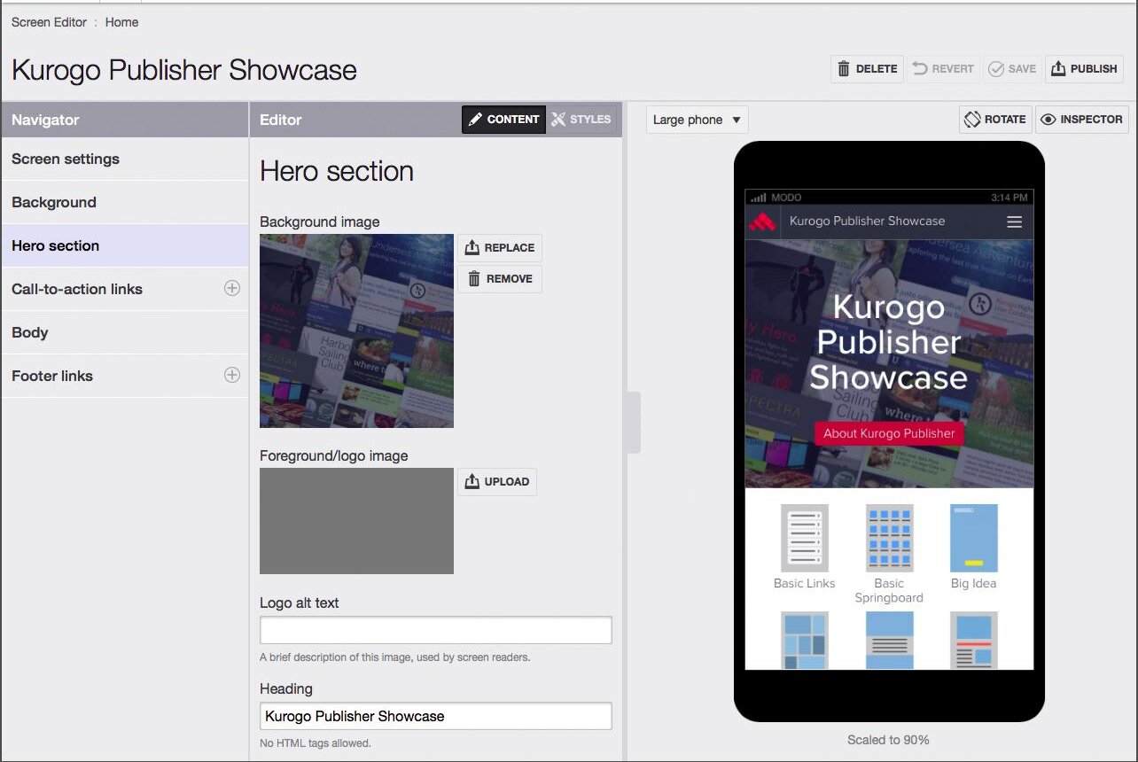 The old editor's hero section settings for a Kurogo Publisher Showcase screen: image upload fields and plain text inputs beside a phone preview