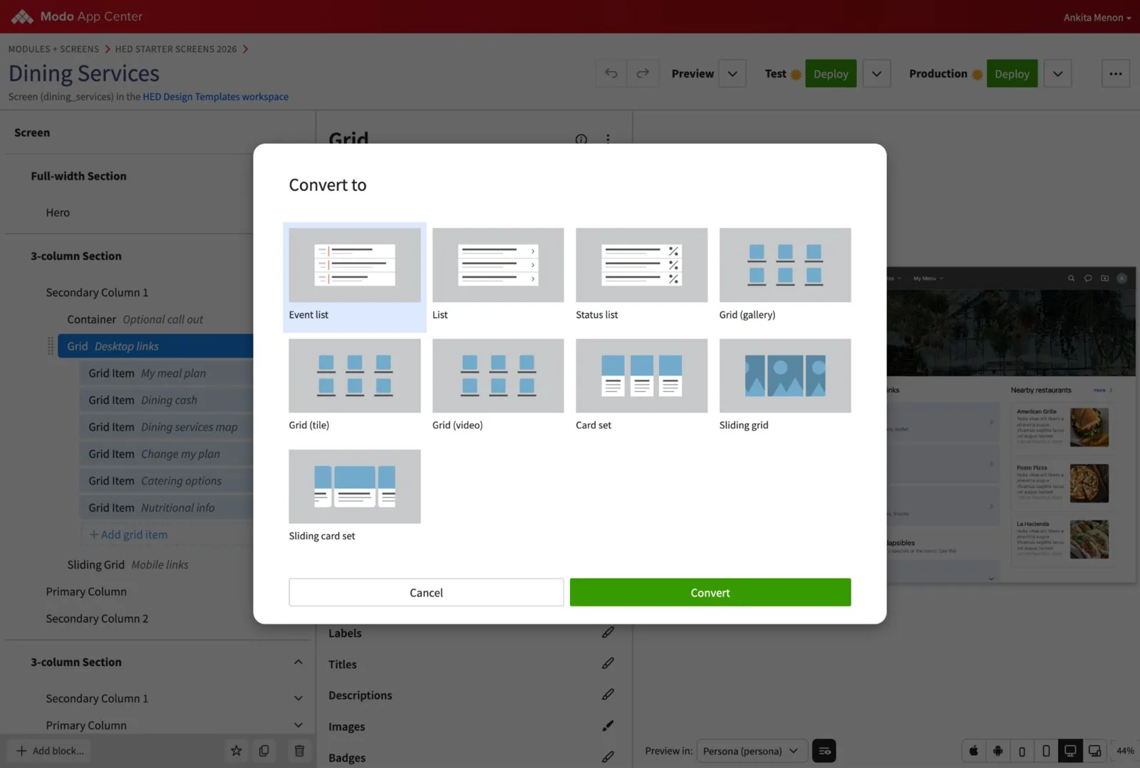 The Convert to dialog, offering other block layouts for the same content