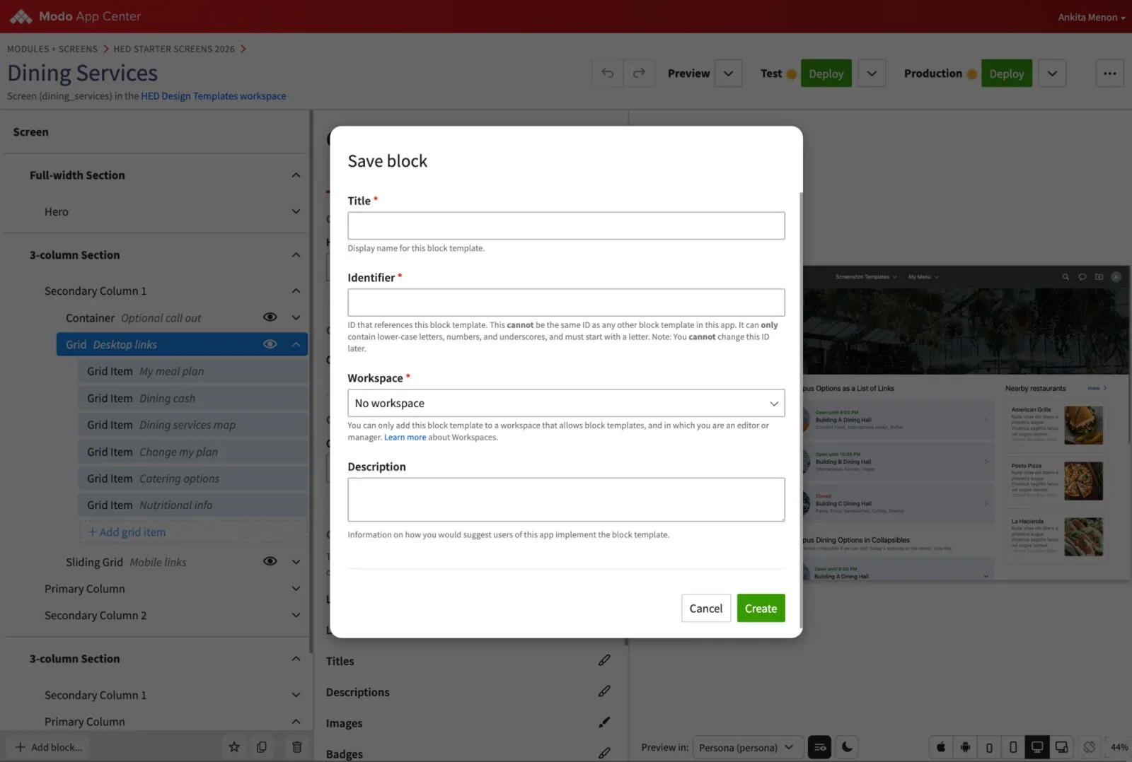 The Save block dialog, naming a block so it can be reused as a template