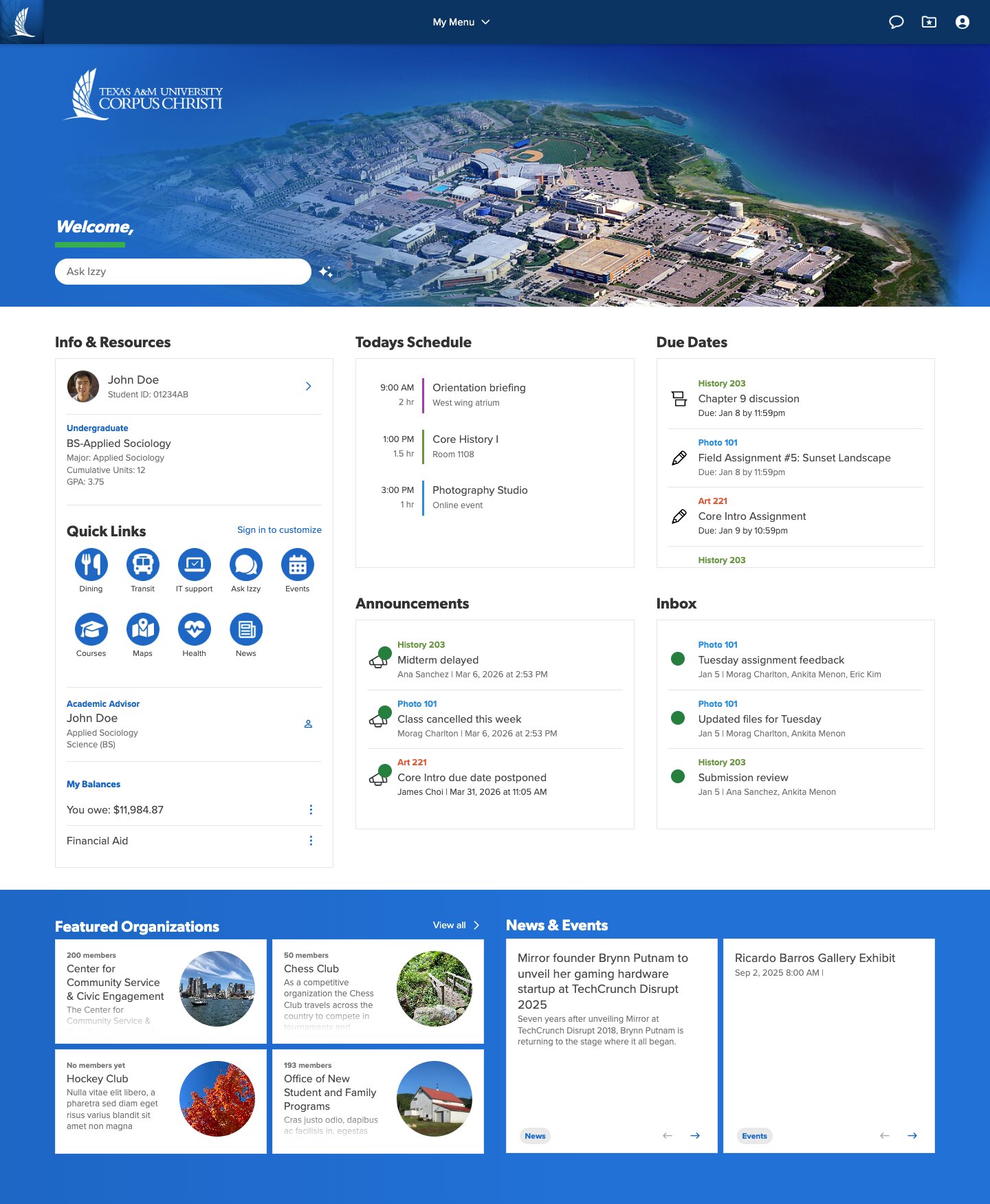 Texas A&M Corpus Christi desktop home screen: welcome banner, info and resources, today's schedule, due dates, quick links, announcements and featured organizations
