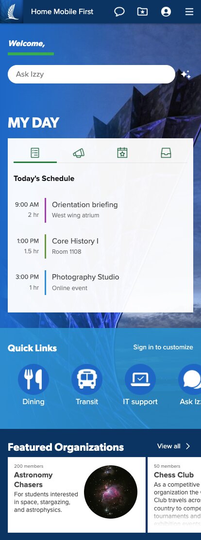 The same My Day home on a phone: today's schedule, quick links and featured organizations
