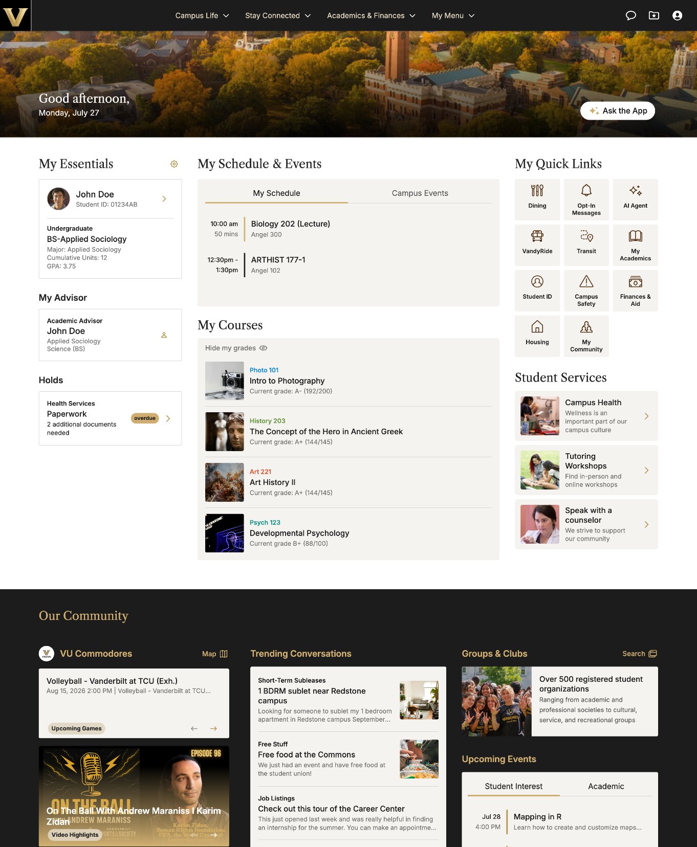 Vanderbilt desktop student home: my essentials, schedules and events, courses, quick links, student services and a dark Our Community section