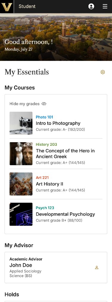 Vanderbilt's student home on a phone: my essentials, courses and advisor